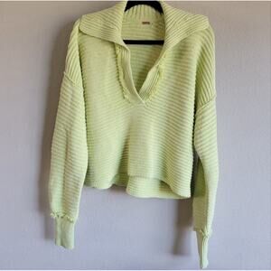 Free People Marlie Oversized Sweater Green Womens Size XS Ribbed Baggy Fringe